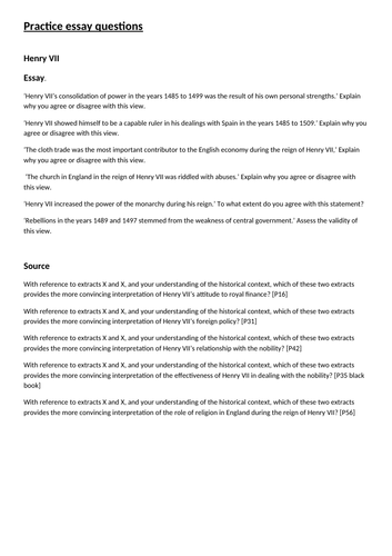 AQA A Level History Tudors Unit 1C Question Bank Resource