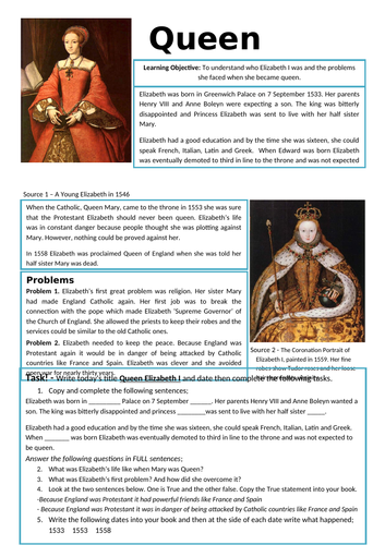 Elizabeth I Worksheet Tasks KS3 Teaching Resources
