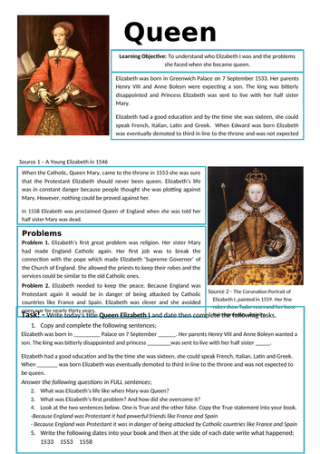 elizabeth i worksheet tasks ks3 teaching resources