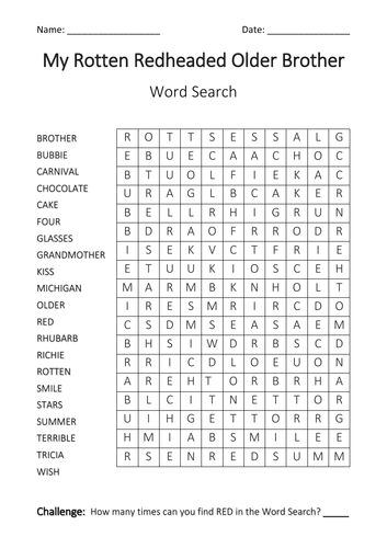 My Rotten Redheaded Older Brother Word Search Teaching Resources