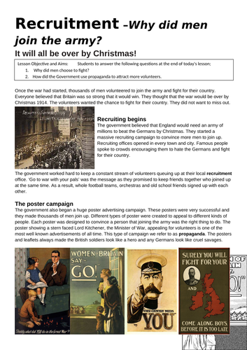 Recruitment into the army WW1- Firs World War World War One Resource