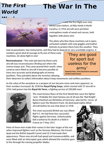 The War in the Air Worksheet - First World War - WW1 Fighter Ace Pilots