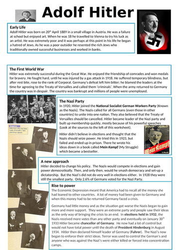 Adolf Hitler Worksheet WW2 - The Rise of Hitler Intro to World War 2