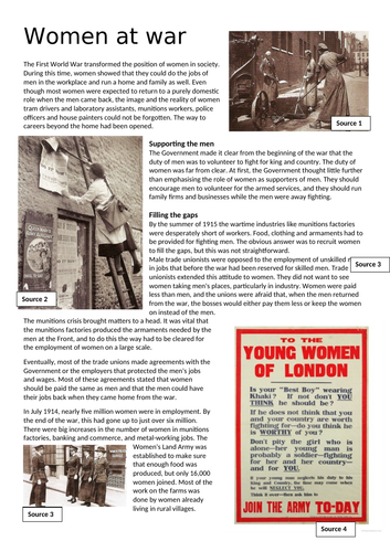Women at War - WW1 Resource Worksheet First World War