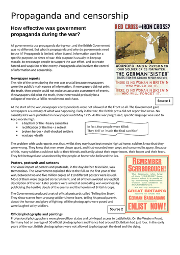 Propaganda and Censorship WW1 - First World War Worksheet