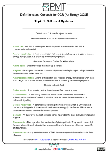 OCR (A) GCSE Biology Definitions