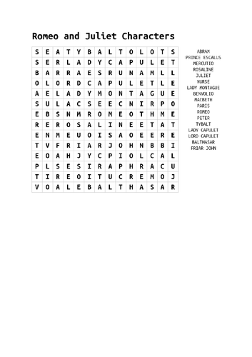 Romeo and Juliet - Word Search Activity