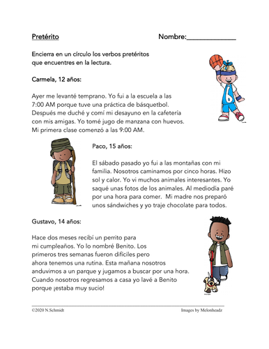 Spanish Preterite Tense Reading + Worksheet: 20 Fill in the Blanks (Pretérito)