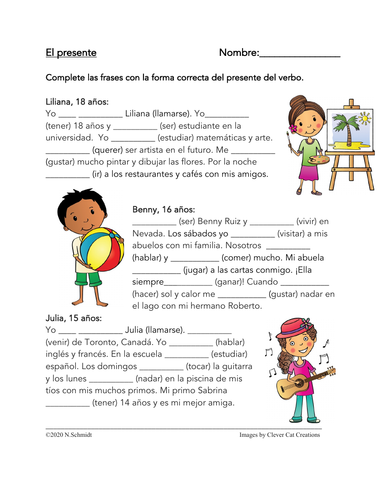 Spanish Present Tense Reading + Worksheet: 20 Fill in the Blanks