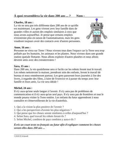 French Future Tense Reading: À quoi ressemblera la vie dans 200 ans ? (Futur)