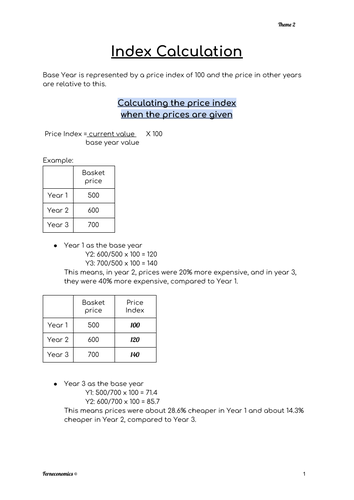 Index Numbers Economics Worksheet