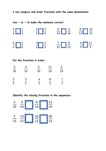 Compare And Order Fractions With The Same Denominator Teaching Resources 4500