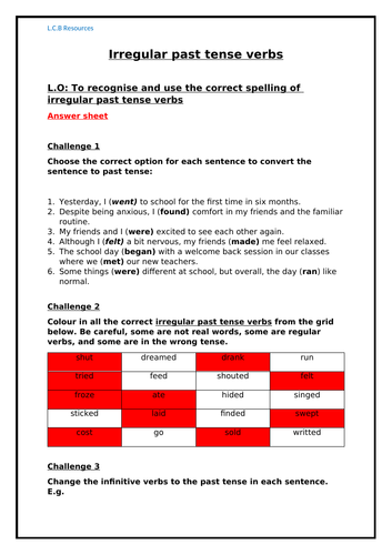 Irregular past tense verbs worksheet with five differentiated activities