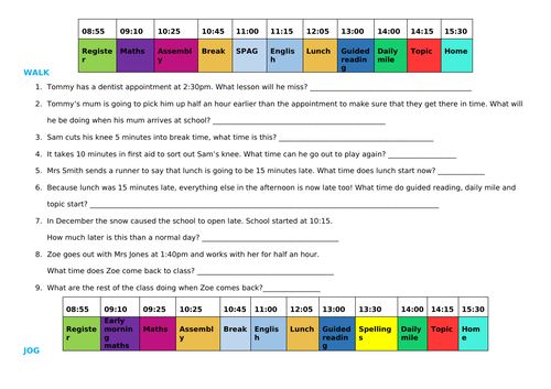 Reading a timetable worksheet