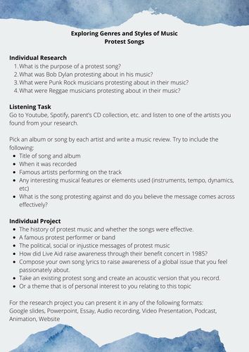 Listening and project work for Music - Protest Songs