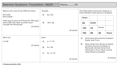 GCSE Foundation Mathematics - Set 02 - Retention / Skills Check Questions