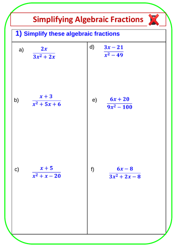 Simplifying Algebraic fraction expressions | Teaching Resources