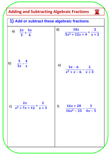 Adding and subtracting Algebraic fractions