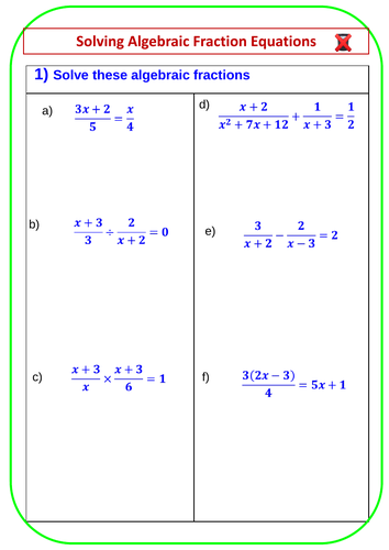 Solving Algebraic Equations With Fractions Worksheet