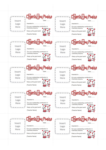 10 x Mini Chemistry Praise/Positive Cards [editable] | Teaching Resources