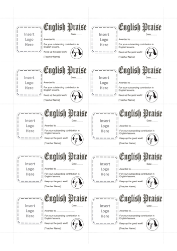 10 x Mini English Praise/Positive Cards [editable]