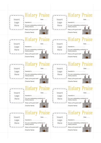 10 x Mini History Praise/Positive Cards [editable]