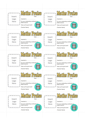 10 x Mini Maths Praise/Positive Cards [editable]