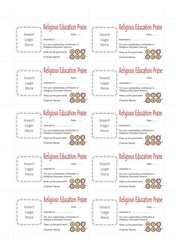 10 x Mini Religious Education RE Praise/Positive Cards [editable]