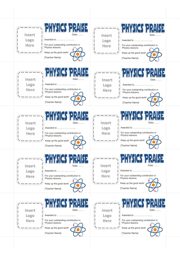 10 x Mini Physics Praise/Positive Cards [editable]