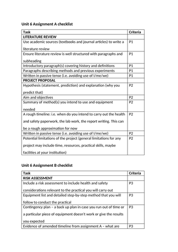 Unit 6 student checklists, action plan and project proposal structure