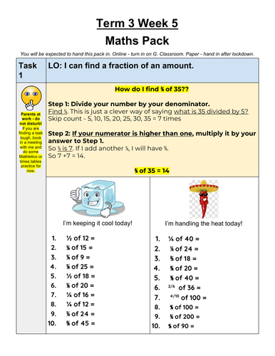 Home Learning Maths - Y4 Fractions and Number Work pack.