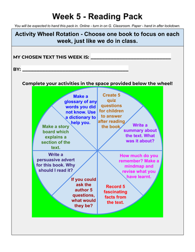 Home Learning Reading Activity Wheel