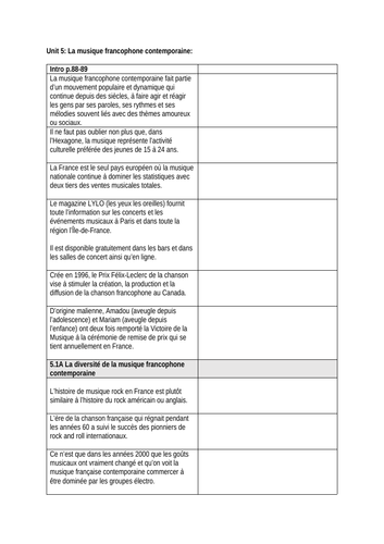 Y12 French Unit 5 La musique francophone  KEY SENTENCES