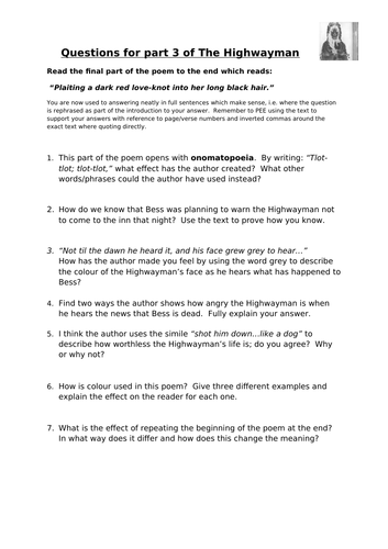 The Highway Man Guided Reading Questions - Year 5