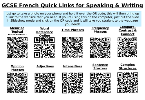 French High Level Speaking and Writing Phrases QR Codes
