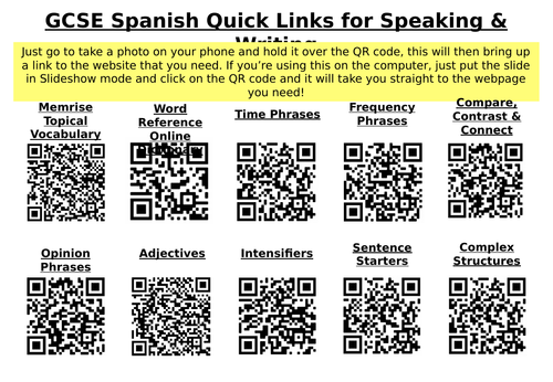 Spanish High Level Speaking and Writing Phrases QR Codes