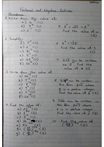 Fractional & Negative Indices 9-1 GCSE Worksheet & Answers