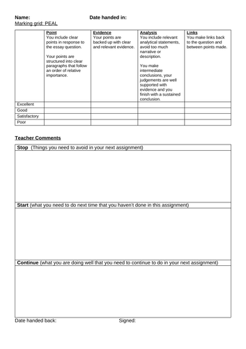 PEAL Marking Grid with teacher assessment section