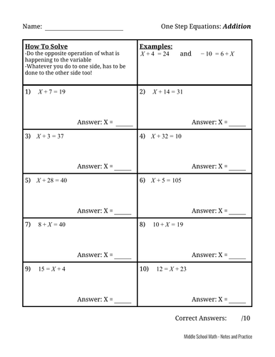 One Step Equation Packet - Series of Worksheets