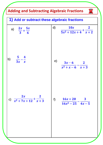 Algebraic fractions: End of topic assessment