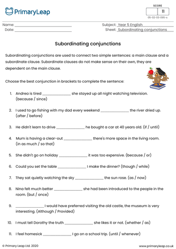 subordinating conjunctions worksheet