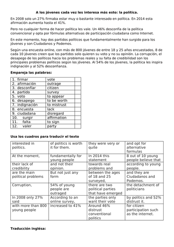 Y13 Boxed Translation Activity Los Jovenes y La Politica