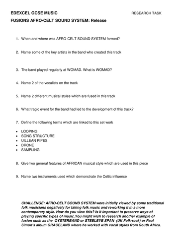 AFROCELT SOUND SYSTEM  Cover and Homework resource