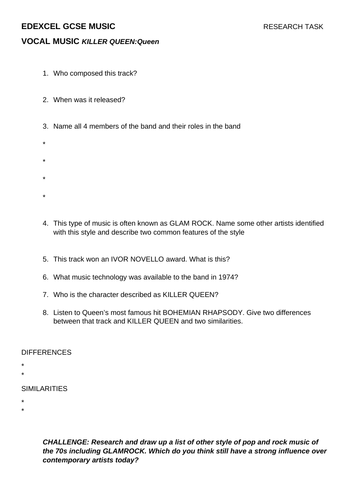 EDEXCEL GCSE MUSIC KILLER QUEEN Worksheet activities- cover and homework