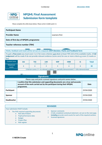 NPQML - full marks 32/32 Focus on attendance from pastoral role