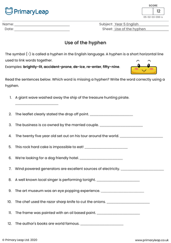 KS2 English resource - Use of the hyphen
