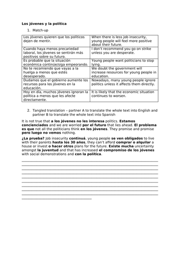 Y13 Translation Activities Los jovenes y la politica