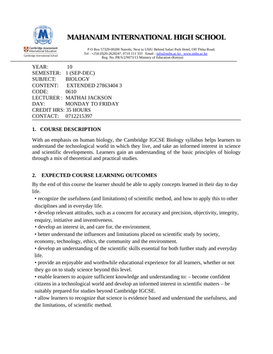 YEAR 10 BIOLOGY COURSE OUTLINE FOR TERM 2