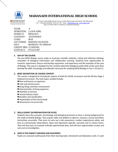 YEAR 9 BIOLOGY COURSE OUTLINE FOR CAMBRIDGE GCE