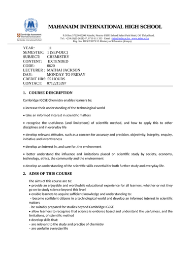 YEAR 11 CHEMISTRY COURSE OUTLINE FOR TERM 2